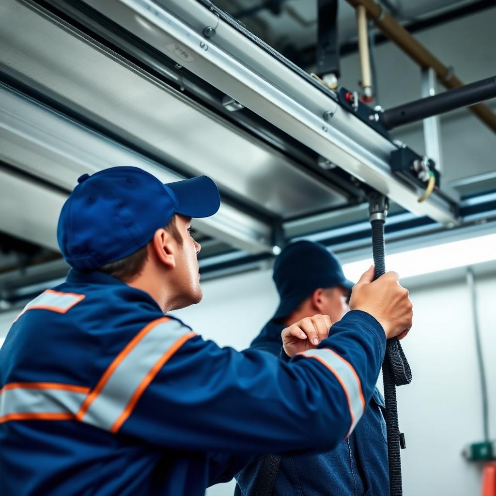 Professional garage door repair technician working on springs